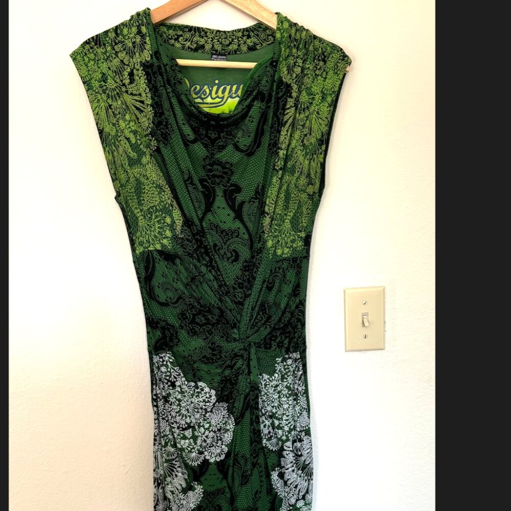 Desigual Sleeveless Green Lace Print Dress, Size L